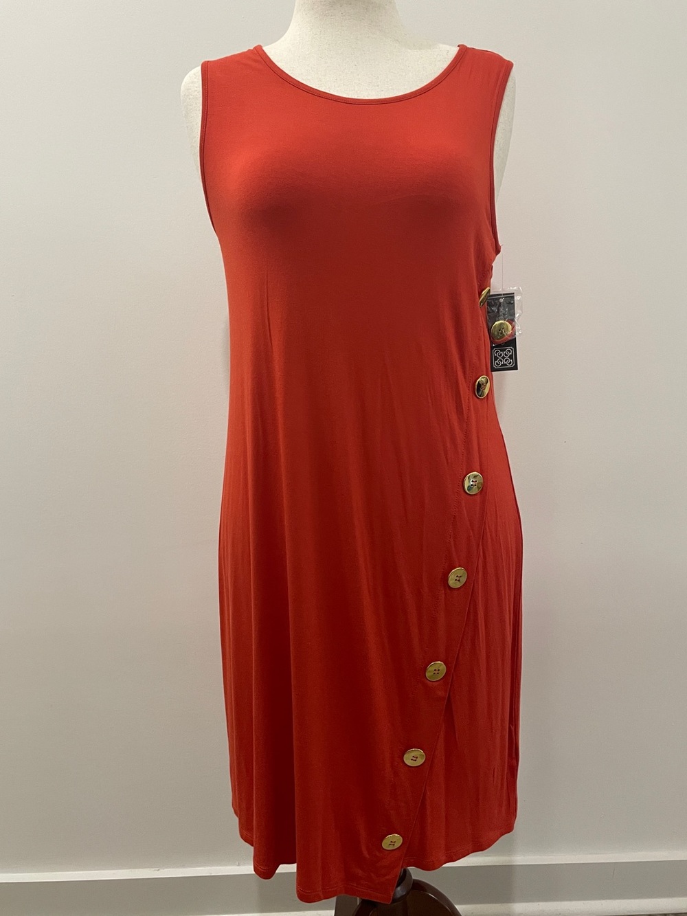 Sleeveless Orange Button-Accent Shift Dress